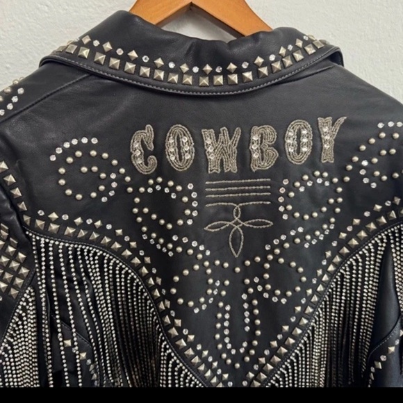 Double D Ranch Rhinestone Fringe Cowboy Leather Jacket beaded crystal RTL 1395 - Picture 4 of 14